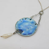 Art Nouveau Sterling Silver Guilloche Enamel, Pearl Drop Necklace Antique 1909 Birmingham
