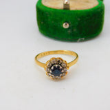 18ct Yellow Gold, Sapphire & Diamond Floral Engagement Ring Vintage 1989