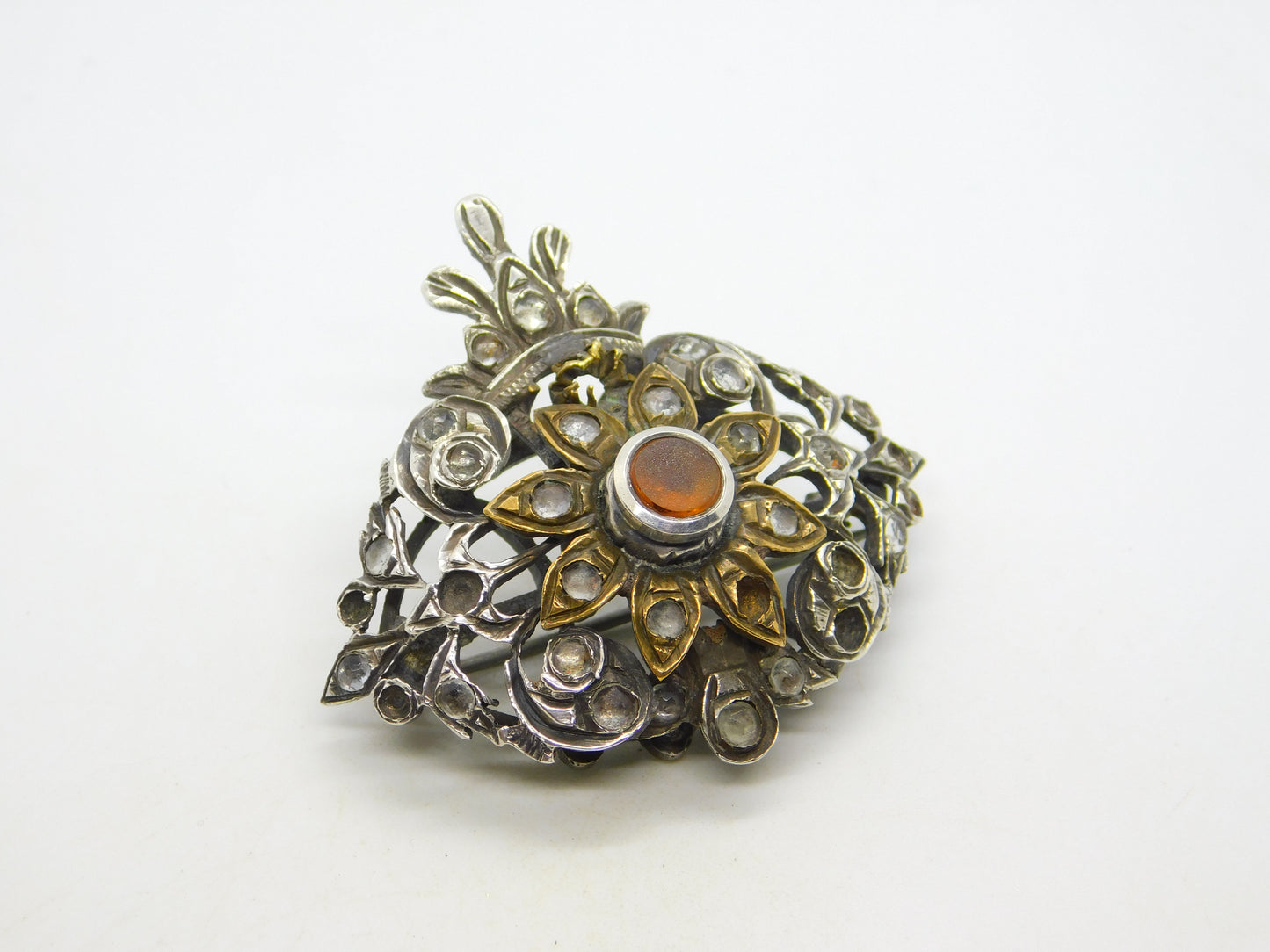 18th Century Iberian Sterling Silver & Gold Paste Set Floral Brooch Antique