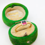 9ct Yellow Gold, Ruby & Garnet Square Solitaire Ring Vintage c1980