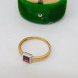 9ct Yellow Gold, Ruby & Garnet Square Solitaire Ring Vintage c1980