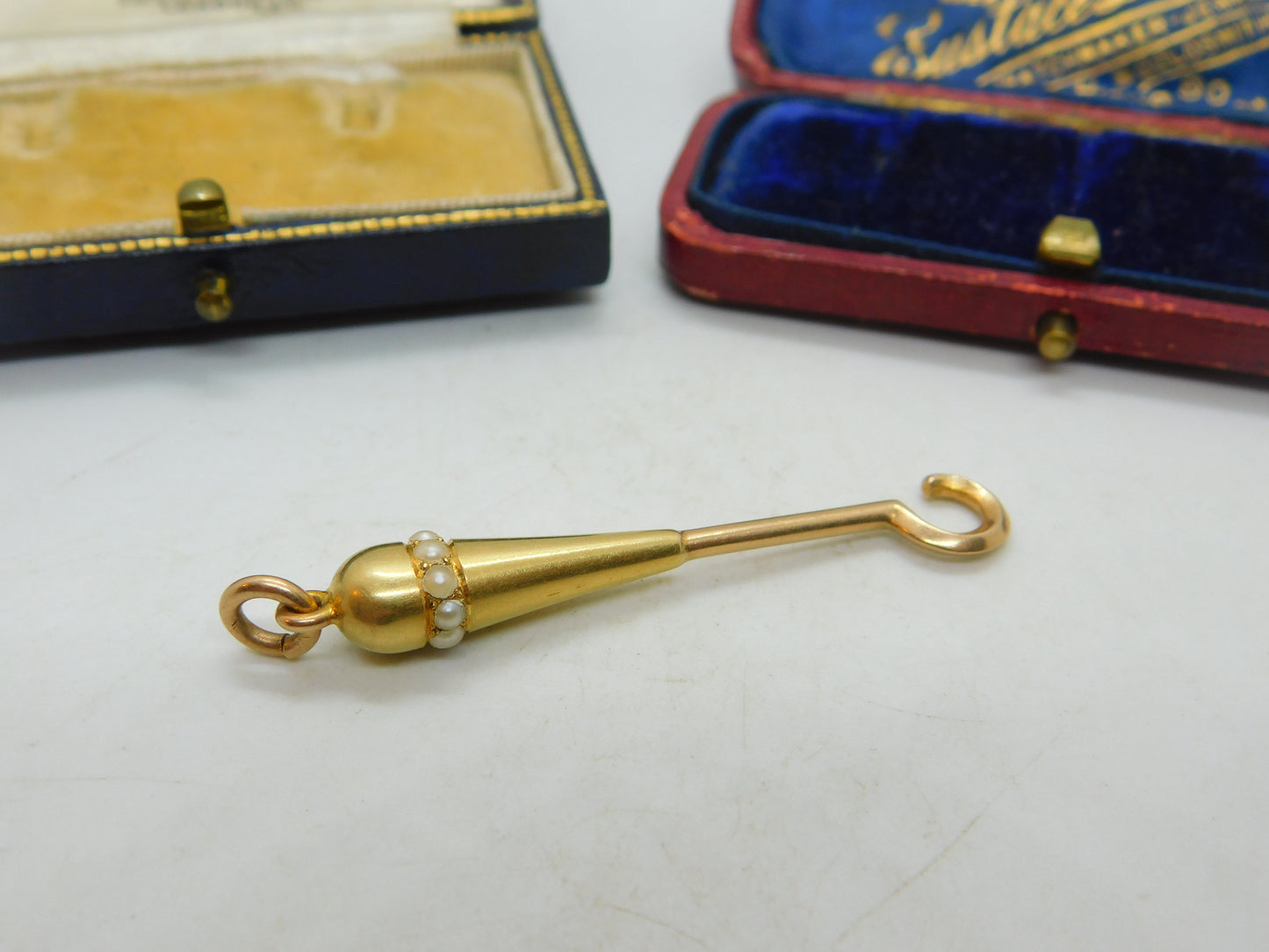 Victorian 15ct Yellow Gold & Seed Pearl Button Hook Fob Pendant Antique c1890