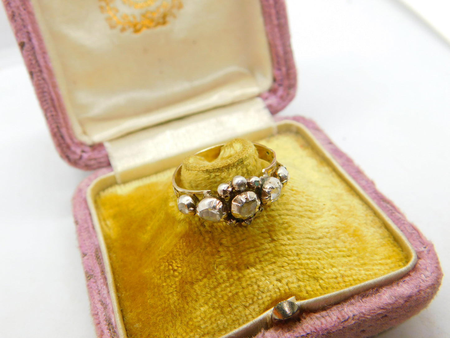 1ct Rose Cut Diamond Set 18ct Gold Floral Band Ring Antique c1800 Georgian