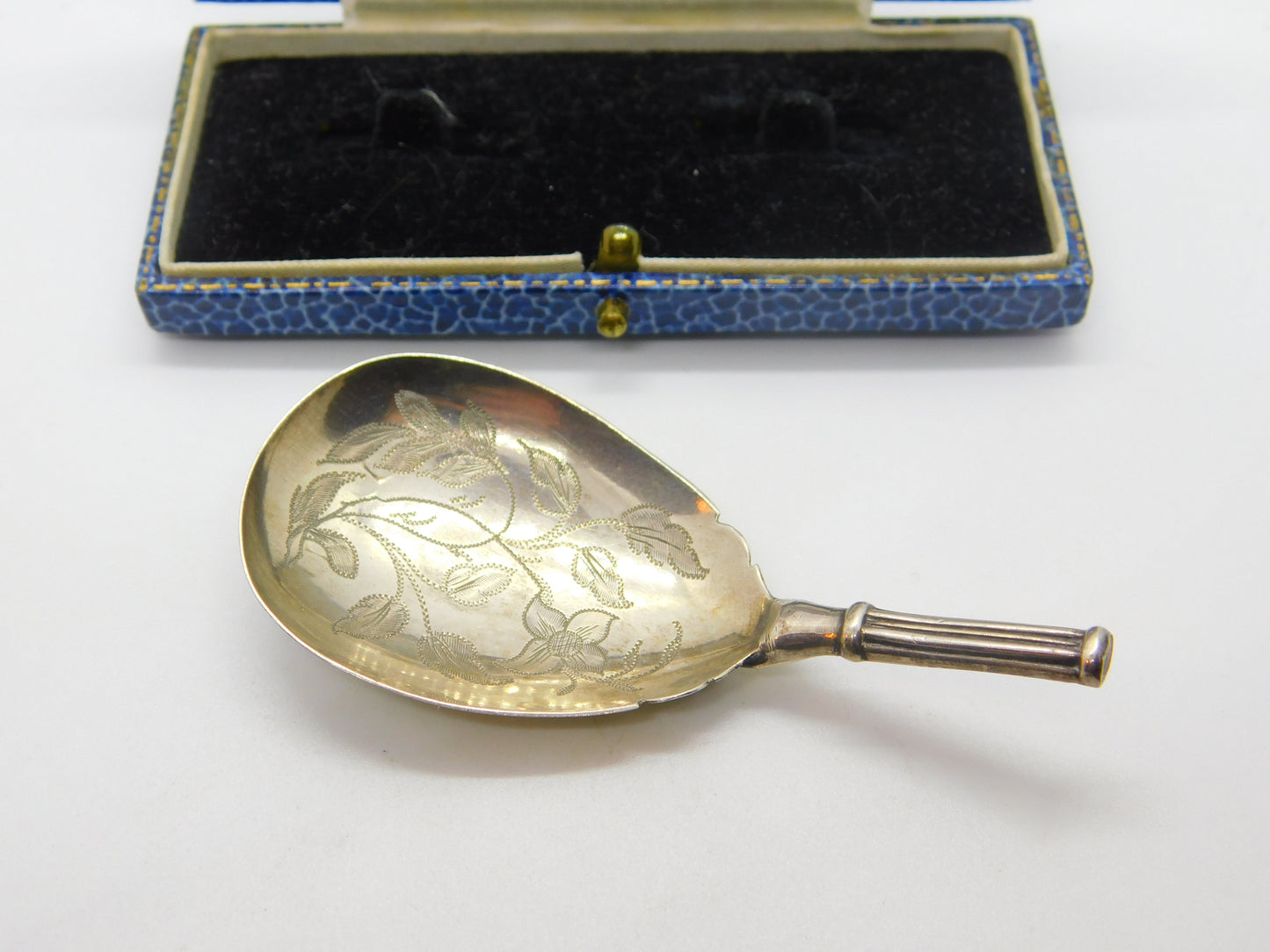 Early Victorian Sterling Silver Floral Etched Tea Caddy Spoon Antique 1840 Birmingham