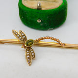 Victorian 18ct Yellow Gold, Seed Pearl & Peridot Dragonfly Brooch Antique c1890