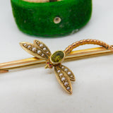 Victorian 18ct Yellow Gold, Seed Pearl & Peridot Dragonfly Brooch Antique c1890