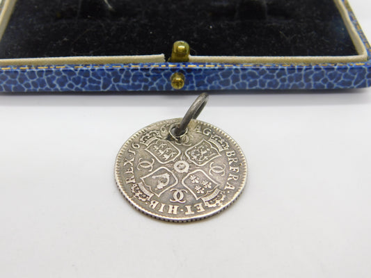 King Charles II Shilling Coin Fob Pendant Antique 1668 Early Sterling Silver