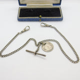 Sterling Silver Double Albert Watch Chain with George III Coin Fob Antique 1928