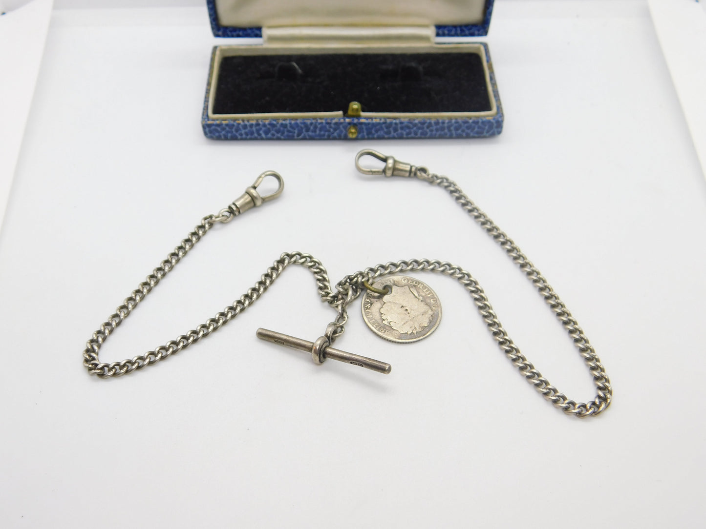 Sterling Silver Double Albert Watch Chain with George III Coin Fob Antique 1928