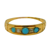 Victorian 18ct Yellow Gold, Turquoise & Diamond Boat Ring Antique 1874 Birmingham
