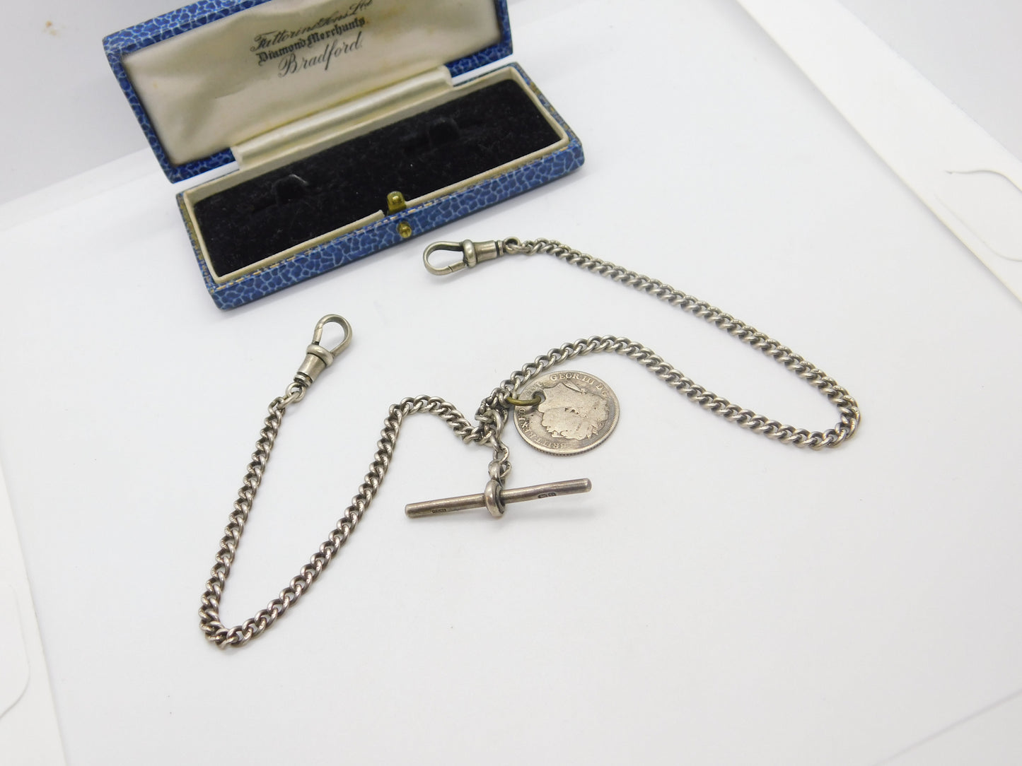 Sterling Silver Double Albert Watch Chain with George III Coin Fob Antique 1928