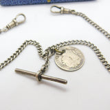 Sterling Silver Double Albert Watch Chain with George III Coin Fob Antique 1928