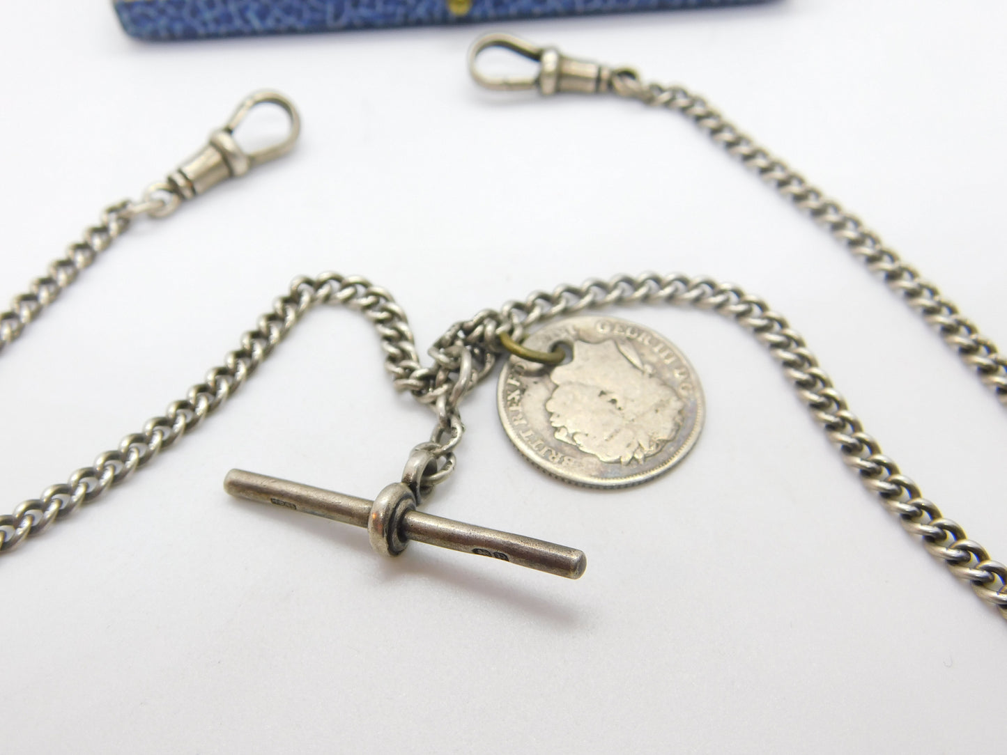 Sterling Silver Double Albert Watch Chain with George III Coin Fob Antique 1928