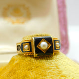 15ct Gold, Black Enamel, Pearl & Hair Form Mourning Ring Antique 1912 Chester