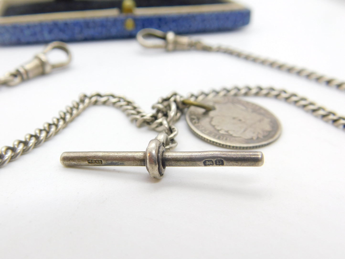 Sterling Silver Double Albert Watch Chain with George III Coin Fob Antique 1928