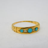 Victorian 18ct Yellow Gold, Turquoise & Diamond Boat Ring Antique 1874 Birmingham