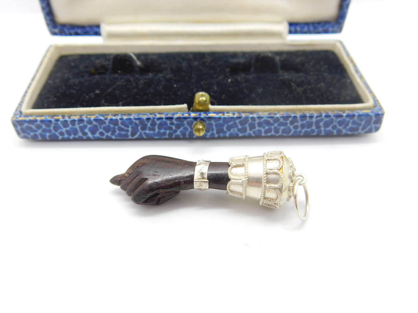 Sterling Silver & Carved Ebony Wood 'Figa' Hand Pendant Antique c1920 Deco