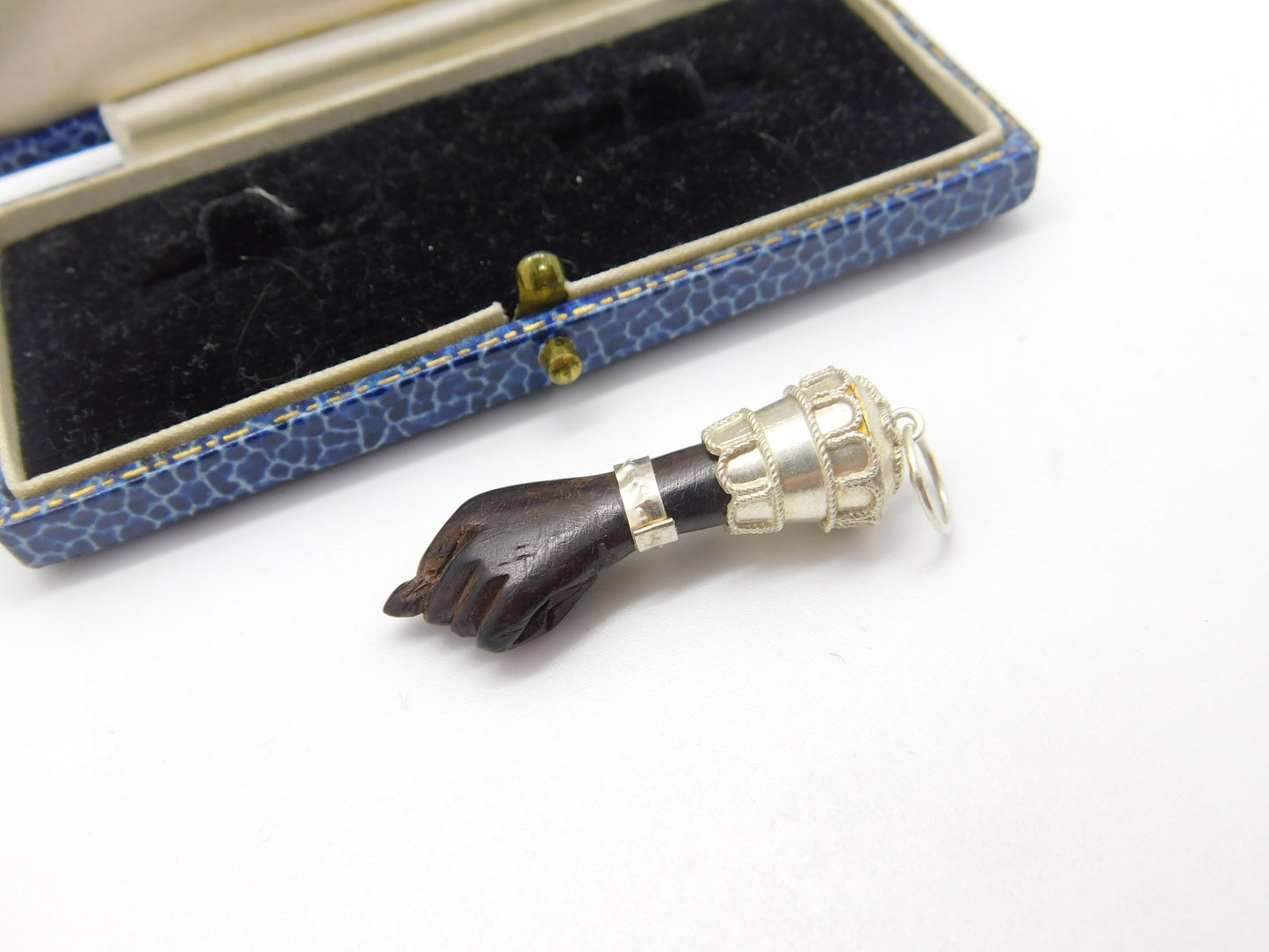 Sterling Silver & Carved Ebony Wood 'Figa' Hand Pendant Antique c1920 Deco