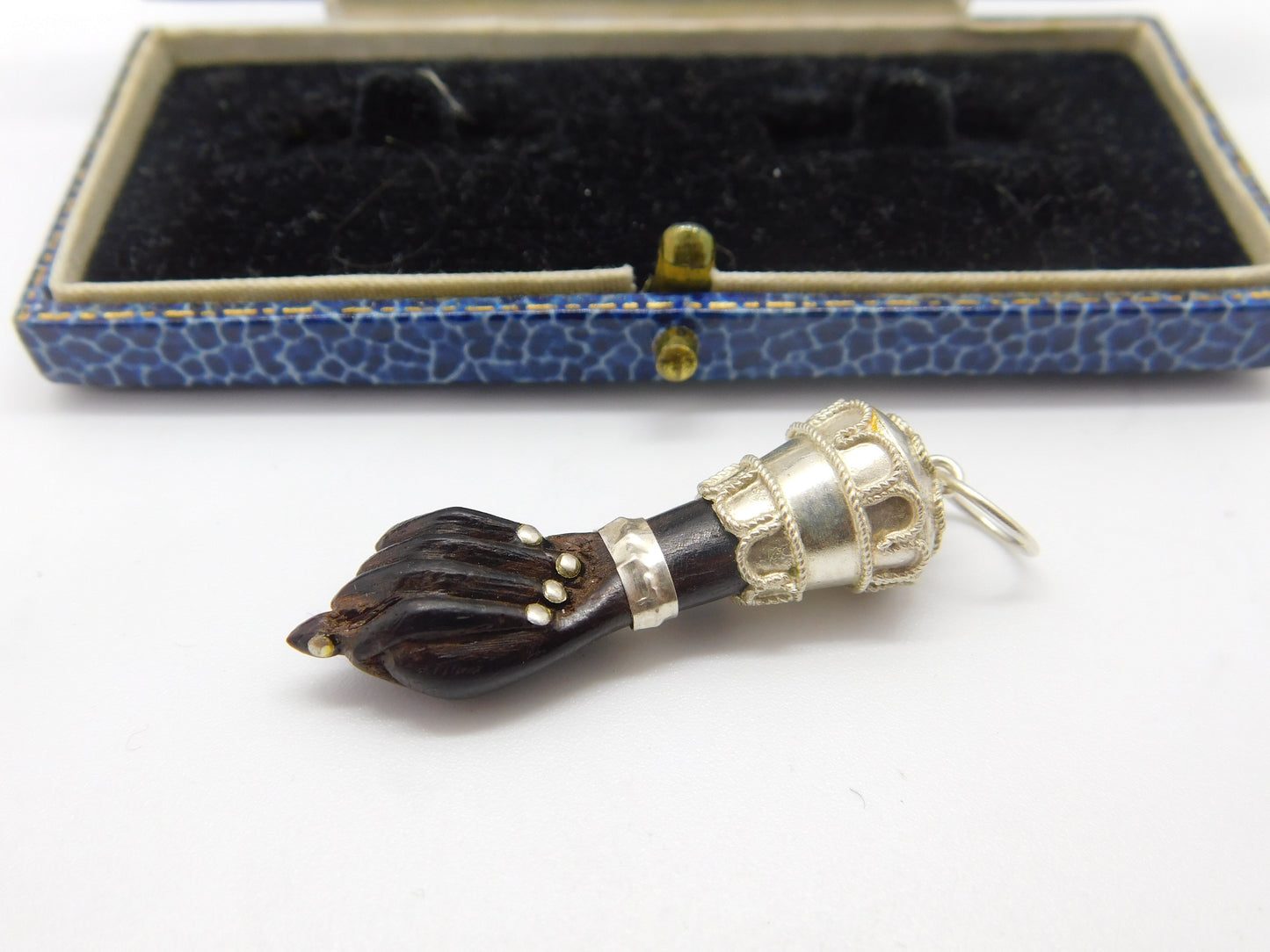 Sterling Silver & Carved Ebony Wood 'Figa' Hand Pendant Antique c1920 Deco