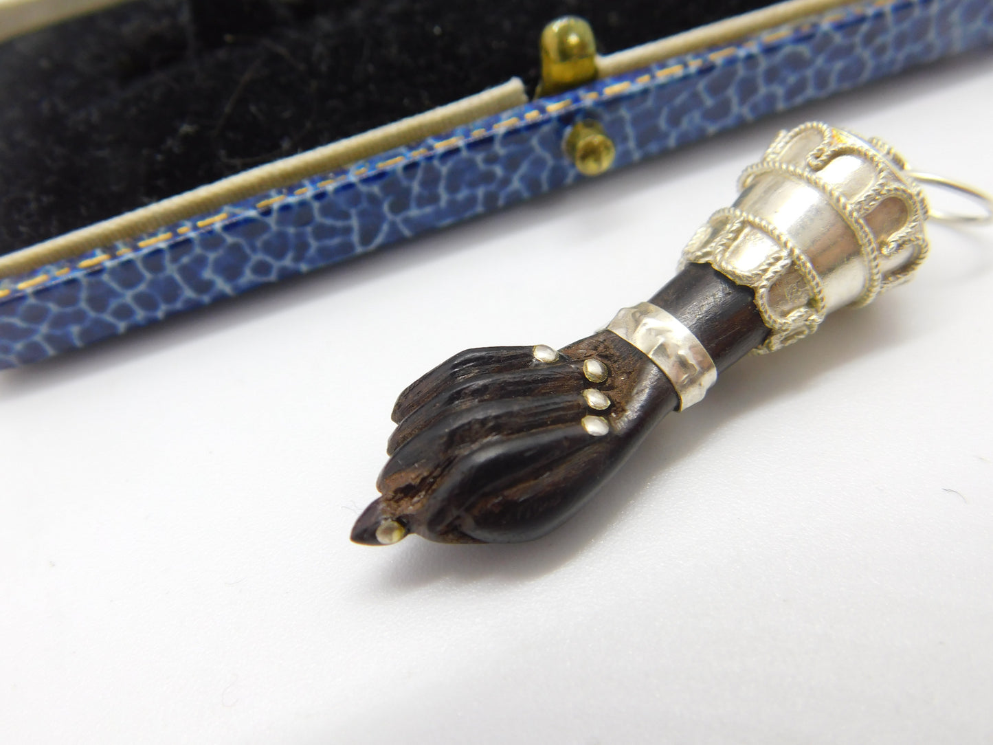 Sterling Silver & Carved Ebony Wood 'Figa' Hand Pendant Antique c1920 Deco