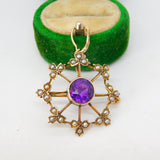 Edwardian 9ct Gold, Amethyst & Seed Pearl Floral Drop Pendant Antique c1910