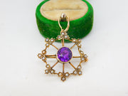 Edwardian 9ct Gold, Amethyst & Seed Pearl Floral Drop Pendant Antique c1910