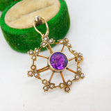 Edwardian 9ct Gold, Amethyst & Seed Pearl Floral Drop Pendant Antique c1910