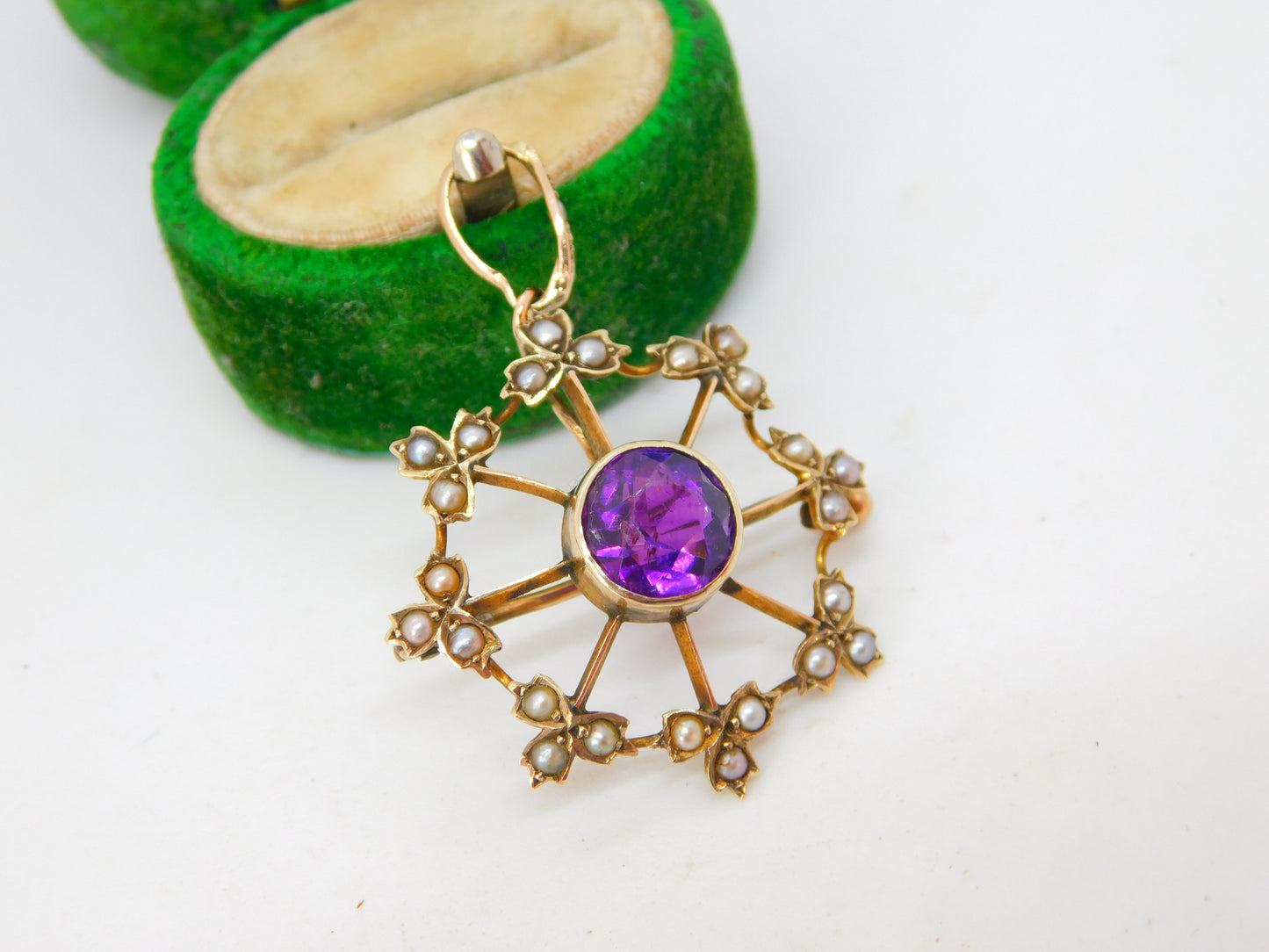 Edwardian 9ct Gold, Amethyst & Seed Pearl Floral Drop Pendant Antique c1910