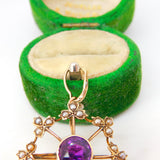 Edwardian 9ct Gold, Amethyst & Seed Pearl Floral Drop Pendant Antique c1910