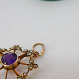 Edwardian 9ct Gold, Amethyst & Seed Pearl Floral Drop Pendant Antique c1910