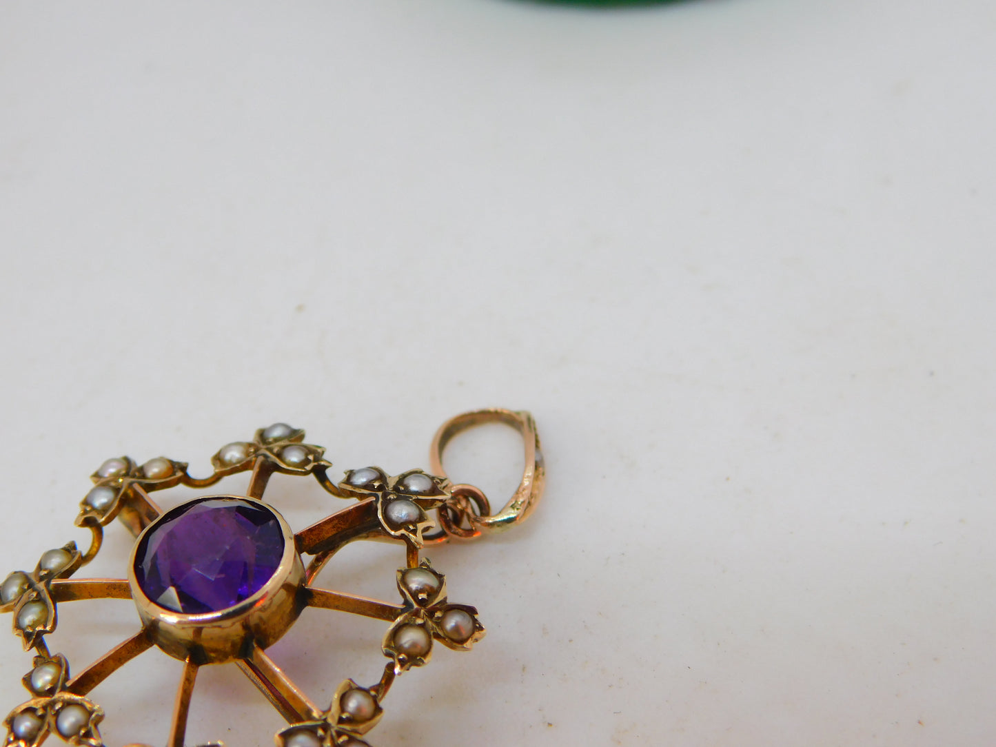 Edwardian 9ct Gold, Amethyst & Seed Pearl Floral Drop Pendant Antique c1910