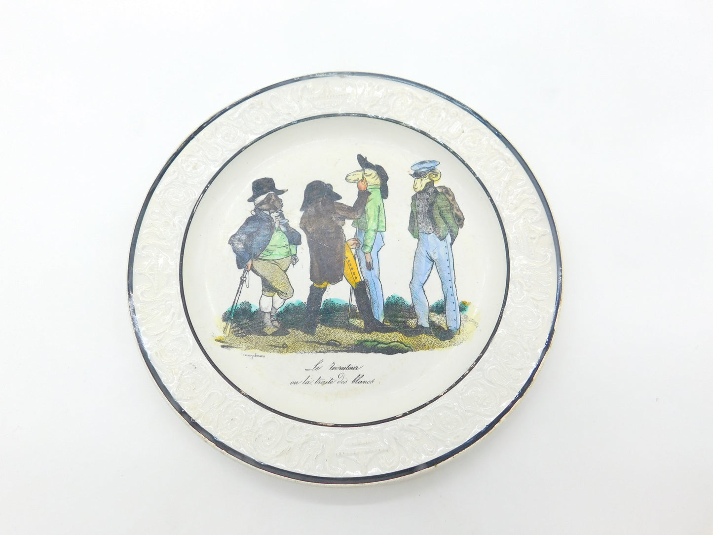 French Satirical Abolitionist Plate 'Le recruteur ou le traite des blancs' Choisy c1840