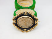Victorian 9ct Gold, Black Enamel & Hair Mourning Brooch Antique 1852