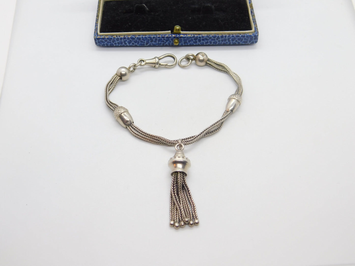 Victorian Sterling Silver Acorn Form Albertina Bracelet with Tassel Antique 1860