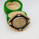 Victorian 9ct Gold, Black Enamel & Hair Mourning Brooch Antique 1852