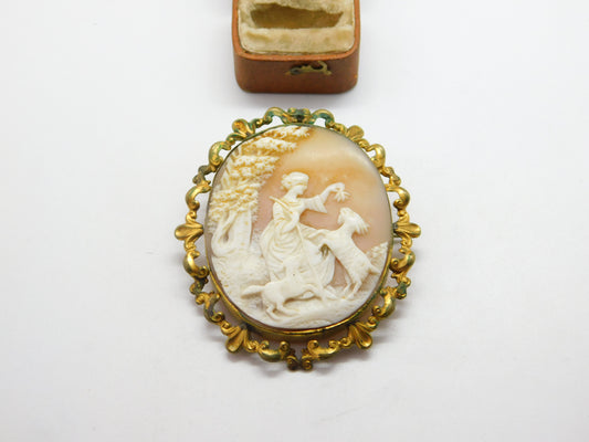 Victorian Pinchbeck Carved Cameo Brooch Lady Feeding Goats c1850 Antique