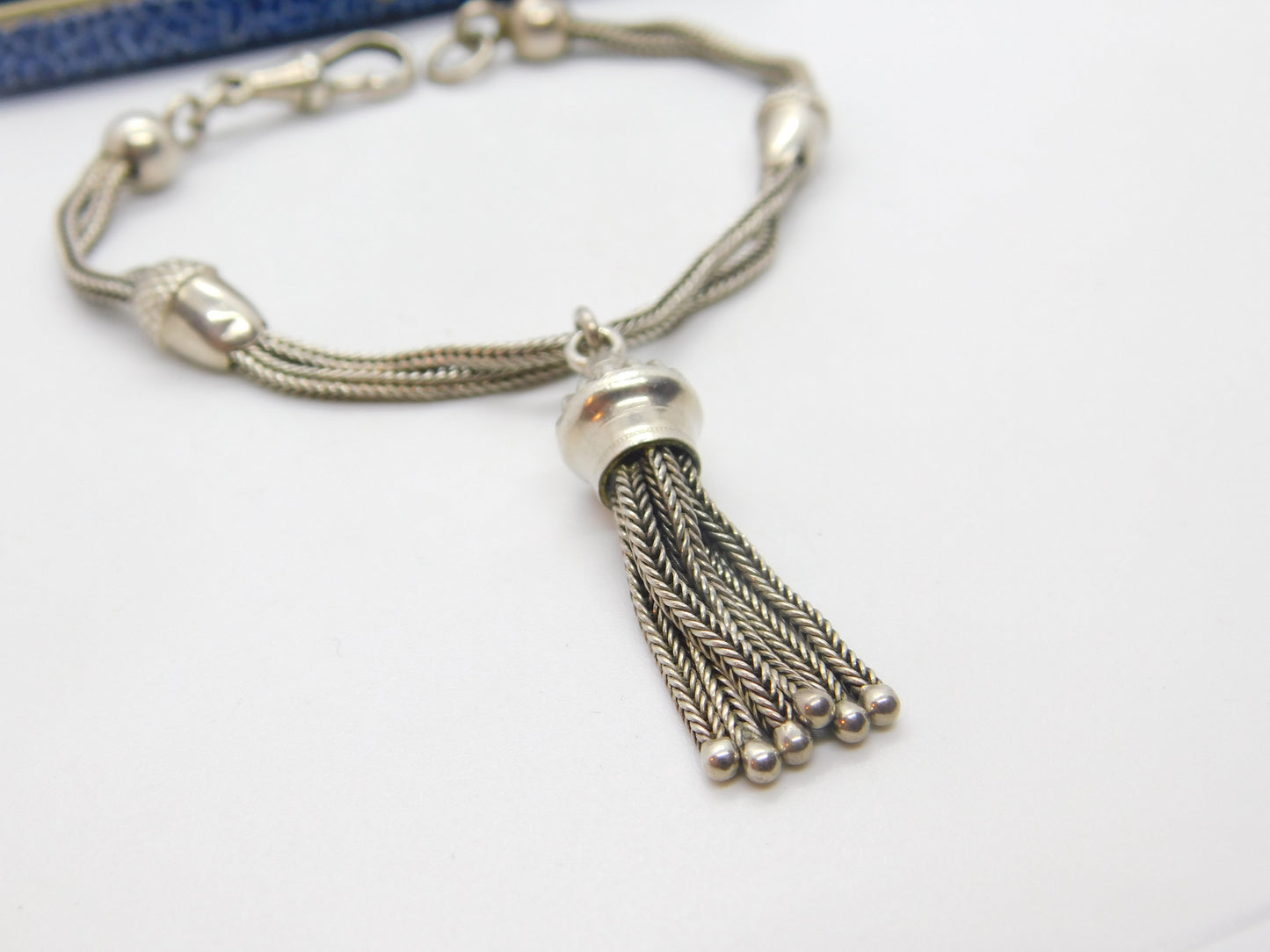 Victorian Sterling Silver Acorn Form Albertina Bracelet with Tassel Antique 1860