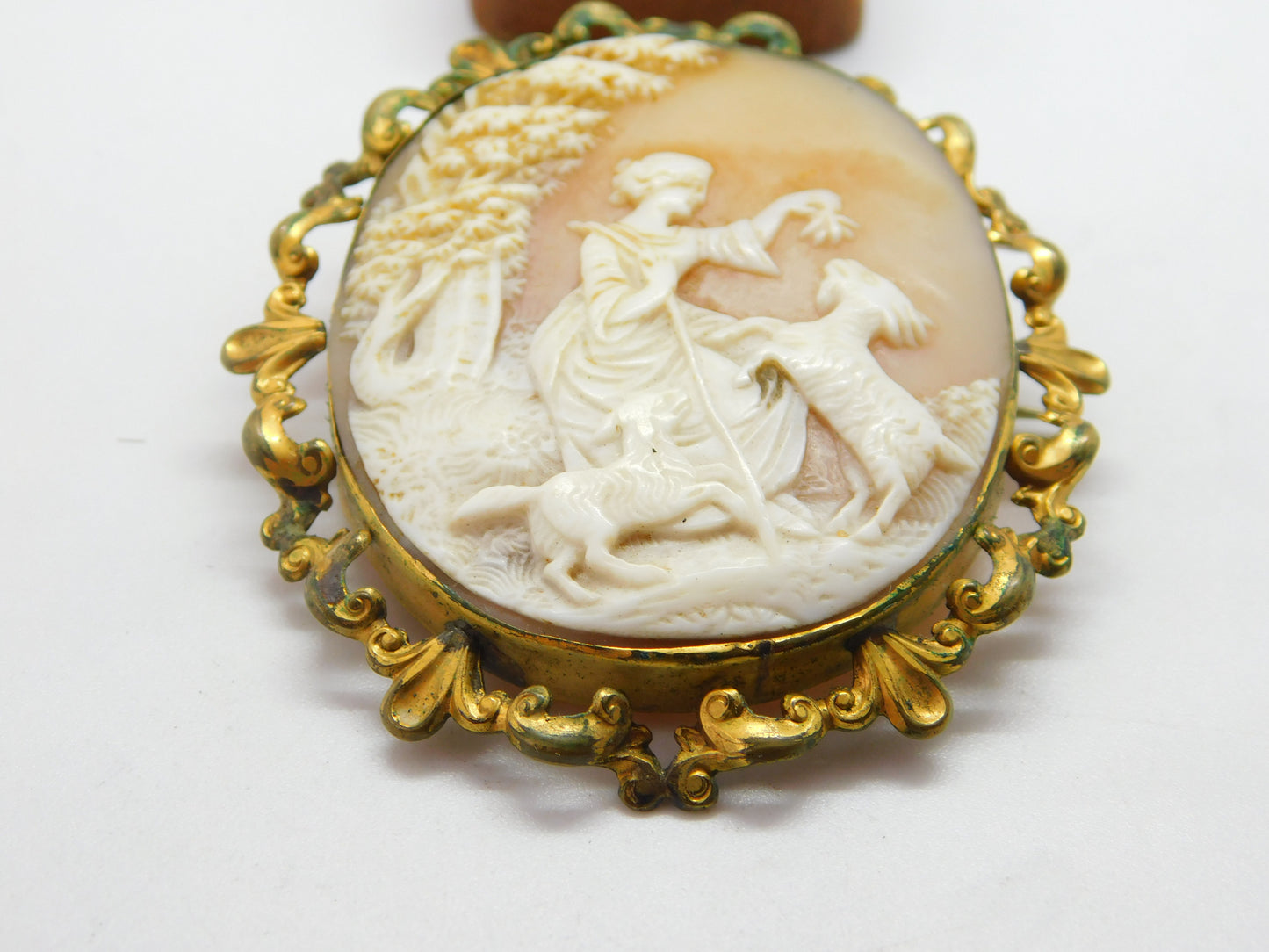 Victorian Pinchbeck Carved Cameo Brooch Lady Feeding Goats c1850 Antique