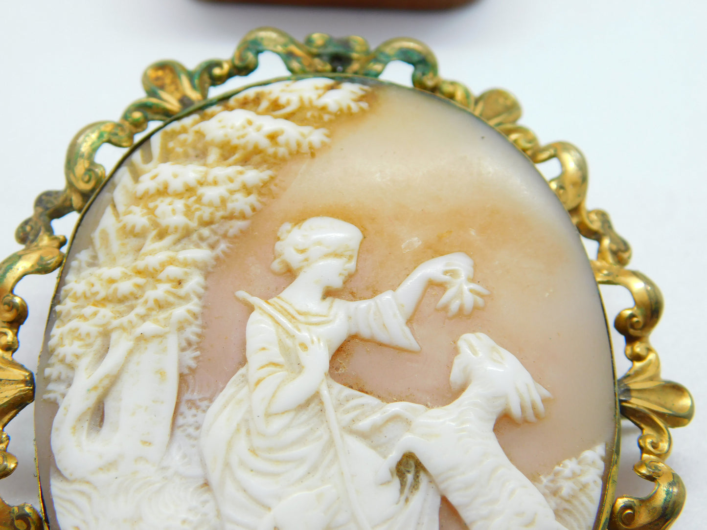 Victorian Pinchbeck Carved Cameo Brooch Lady Feeding Goats c1850 Antique