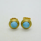 14ct Yellow Gold & Cabochon Turquoise Set Stud Earrings Vintage c1970