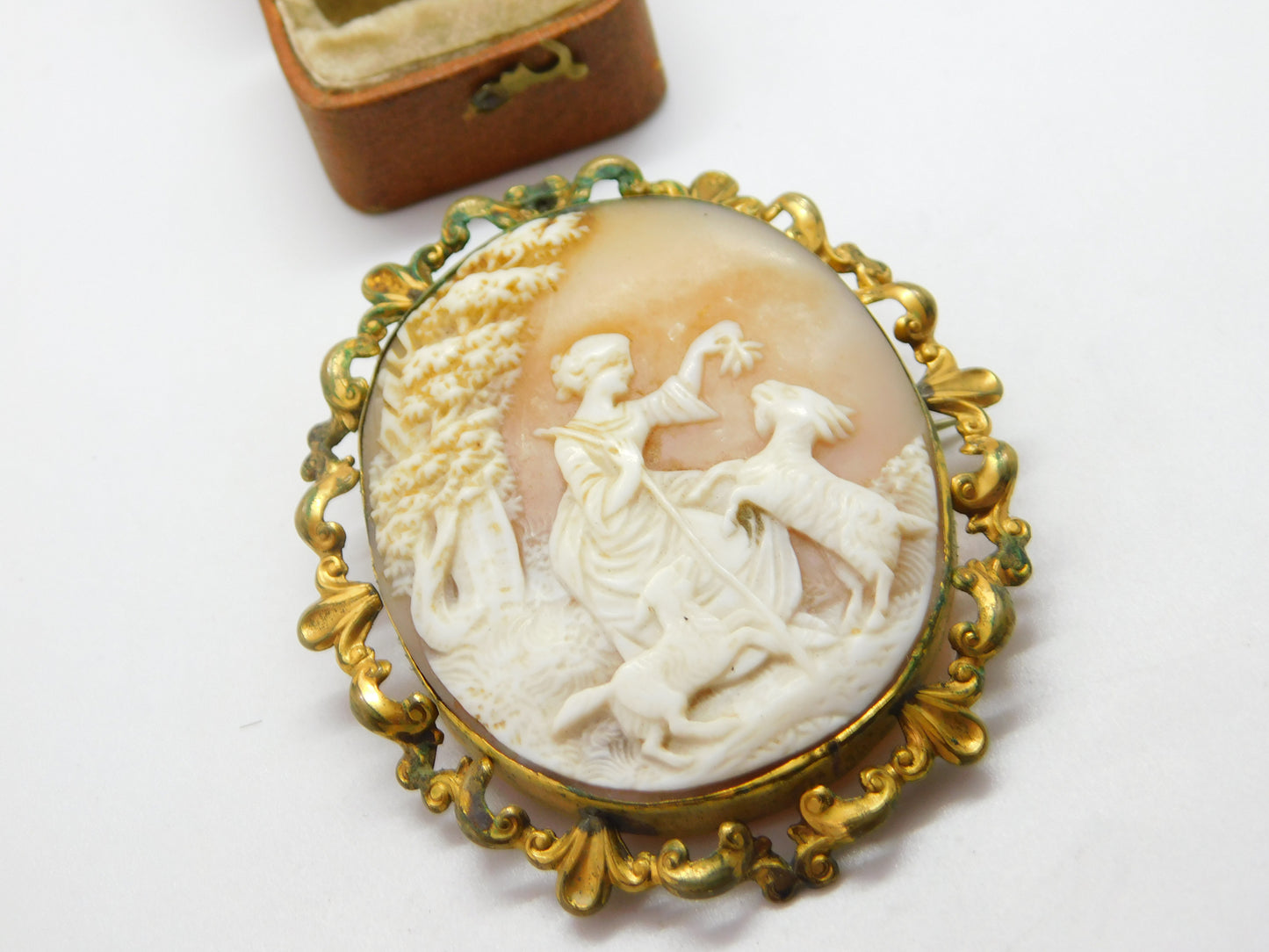 Victorian Pinchbeck Carved Cameo Brooch Lady Feeding Goats c1850 Antique