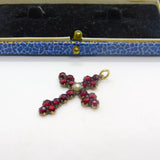 8ct Gold, Bohemian Garnet & Pearl Set Cross Crucifix Pendant Antique c1860