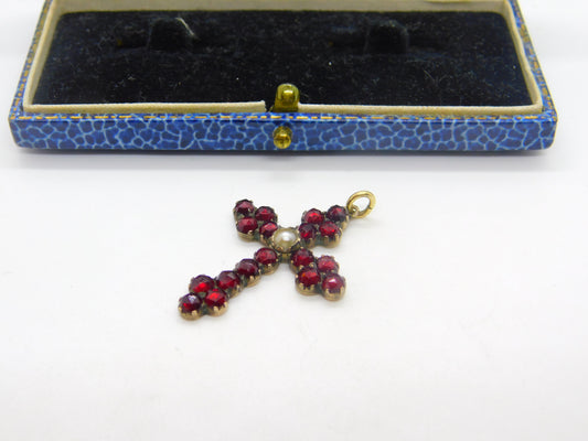 8ct Gold, Bohemian Garnet & Pearl Set Cross Crucifix Pendant Antique c1860