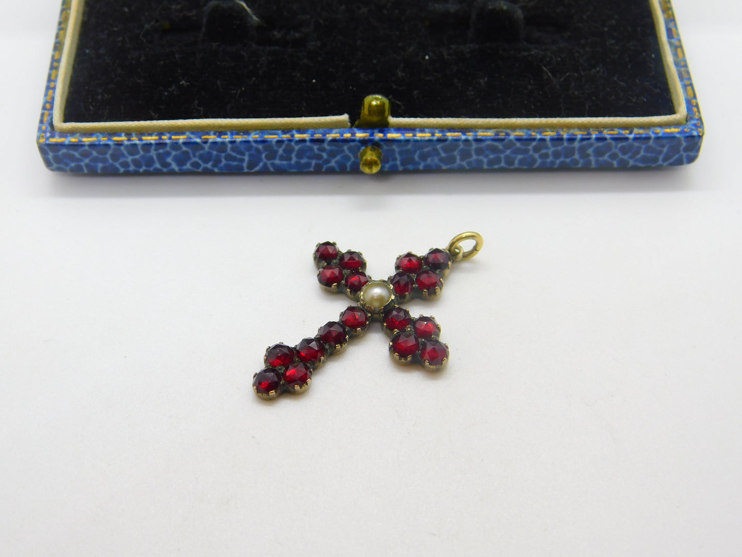 8ct Gold, Bohemian Garnet & Pearl Set Cross Crucifix Pendant Antique c1860