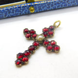8ct Gold, Bohemian Garnet & Pearl Set Cross Crucifix Pendant Antique c1860