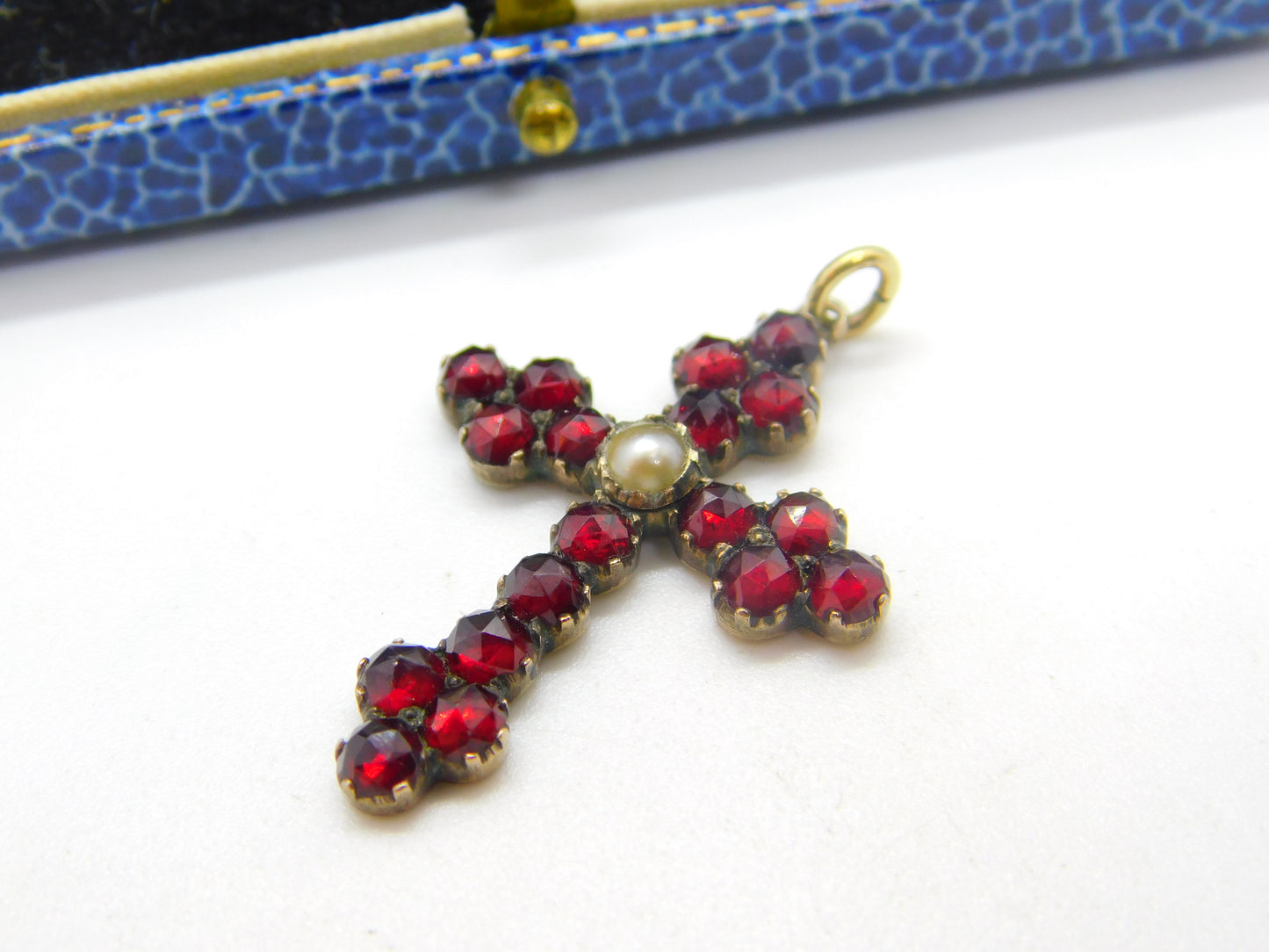 8ct Gold, Bohemian Garnet & Pearl Set Cross Crucifix Pendant Antique c1860