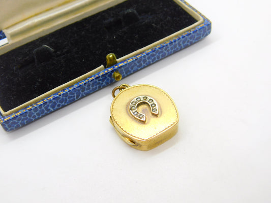 Victorian Yellow Metal & Seed Pearl Good Luck Horseshoe Locket 'A.C Pike' c1860