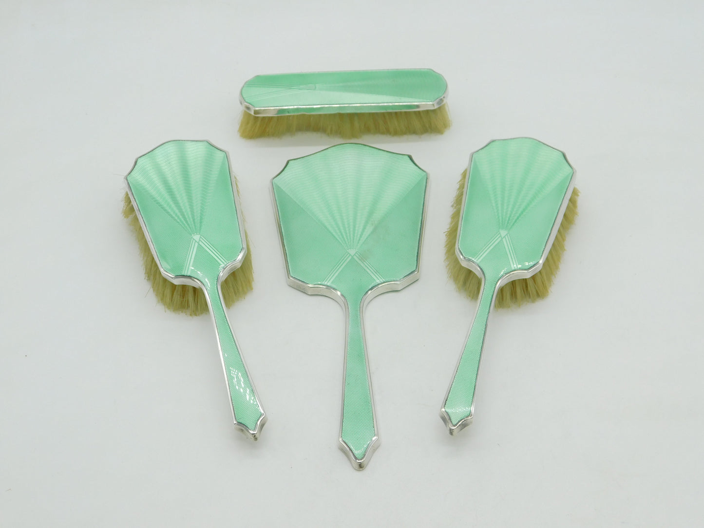 Sterling Silver Green Guilloche Enamel Mirror & Brush Set Antique 1935 Art Deco