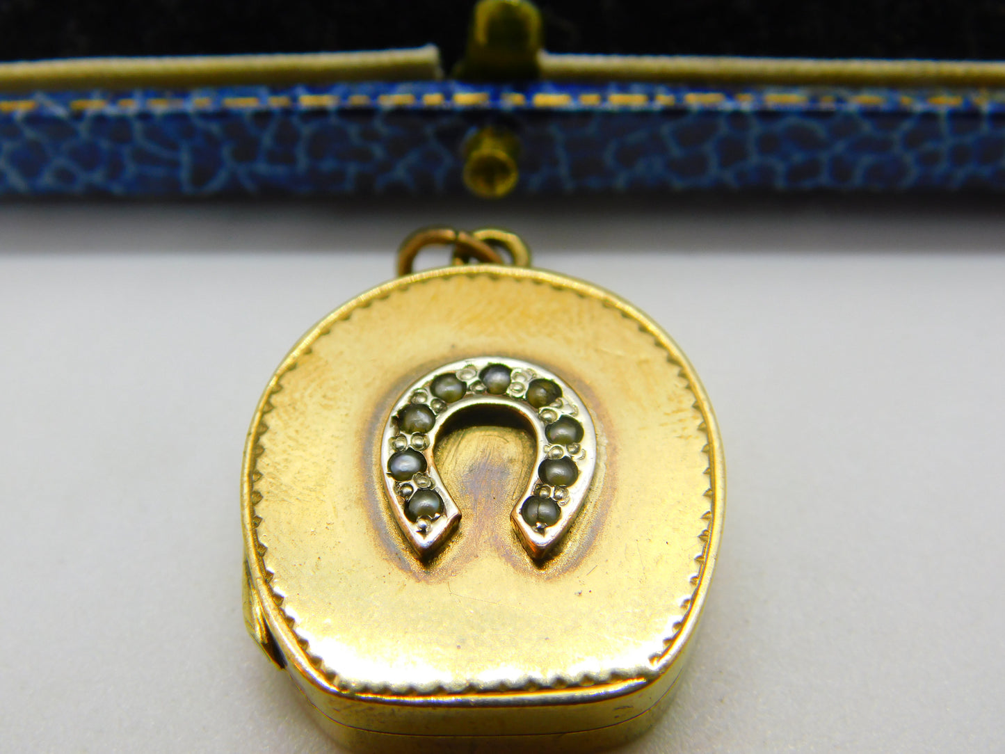 Victorian Yellow Metal & Seed Pearl Good Luck Horseshoe Locket 'A.C Pike' c1860