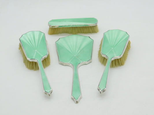 Sterling Silver Green Guilloche Enamel Mirror & Brush Set Antique 1935 Art Deco